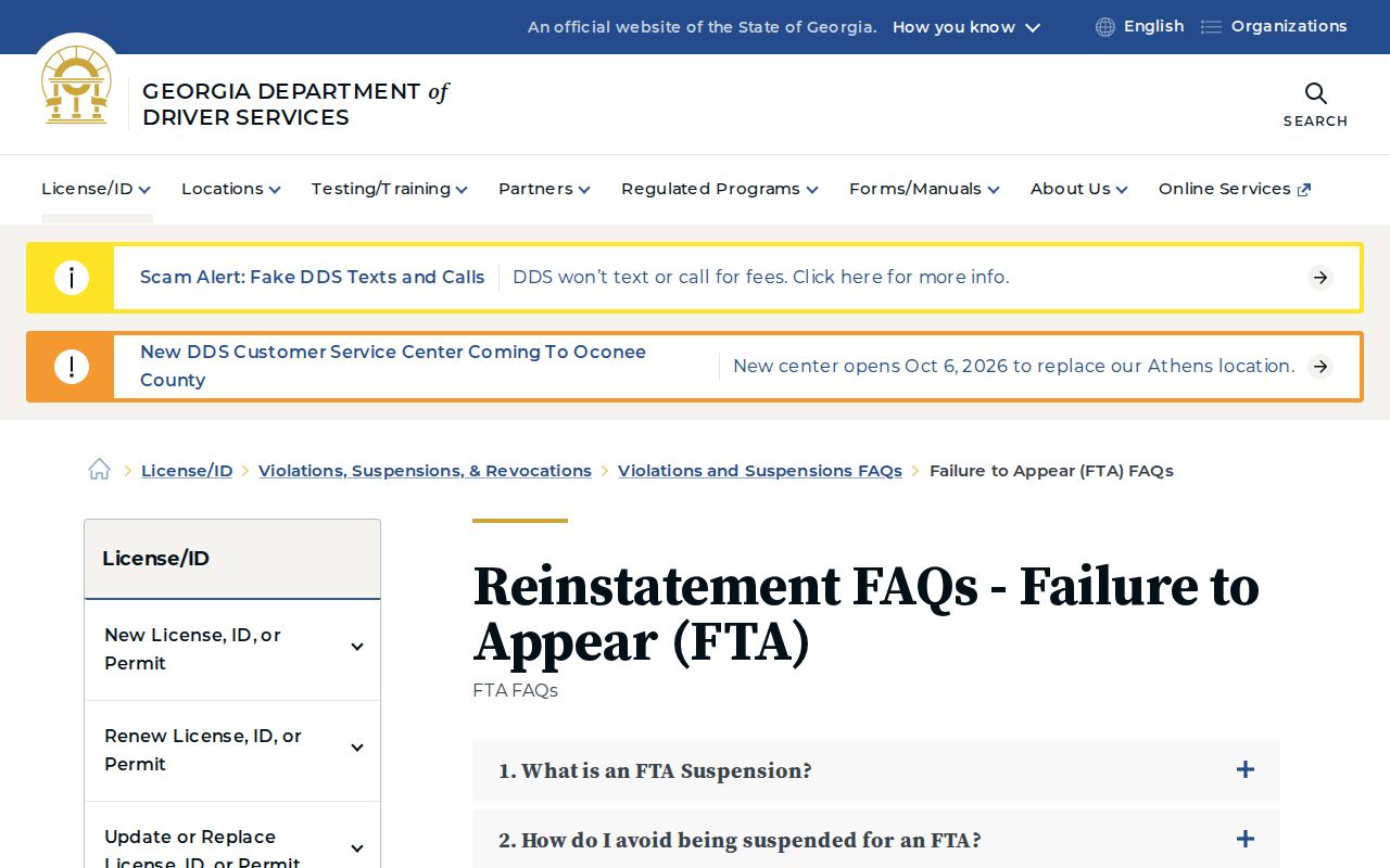 Georgia DDS failure-to-appear information explaining suspension and release steps