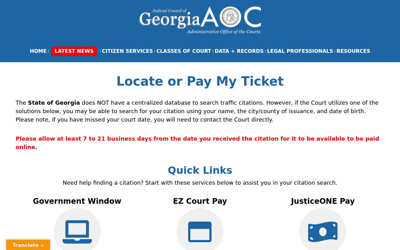 Georgia Courts locate or pay a traffic ticket page explaining court-specific vendor routes