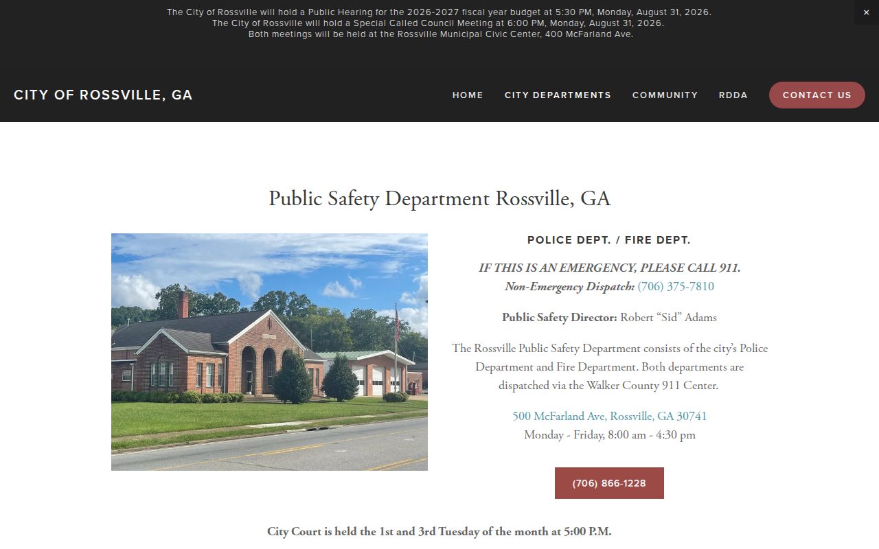 Rossville Public Safety page with city court and local contact information