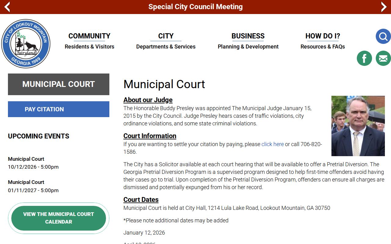 Lookout Mountain warrant records information on the official municipal court page